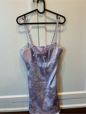 Lavender Floral Satin Slip Dress with Lace Trim (Vintage)